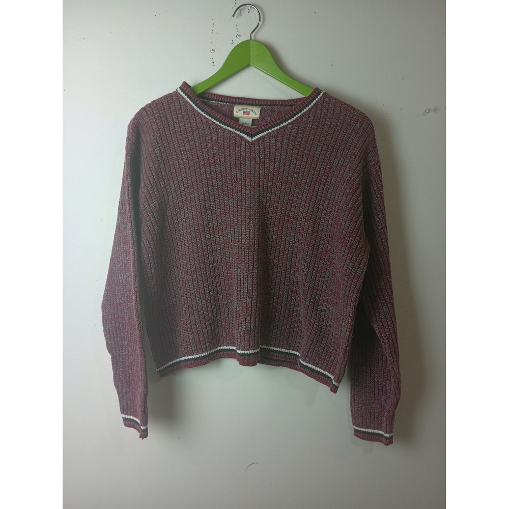 Vintage County Seat Burgundy Ribbed V-Neck Sweater Womens Large Ramie Cotton